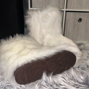 SOLD-WHITE FAUX FUR BOOTS FLUFFY MID-CALF WINTER BOOTS
